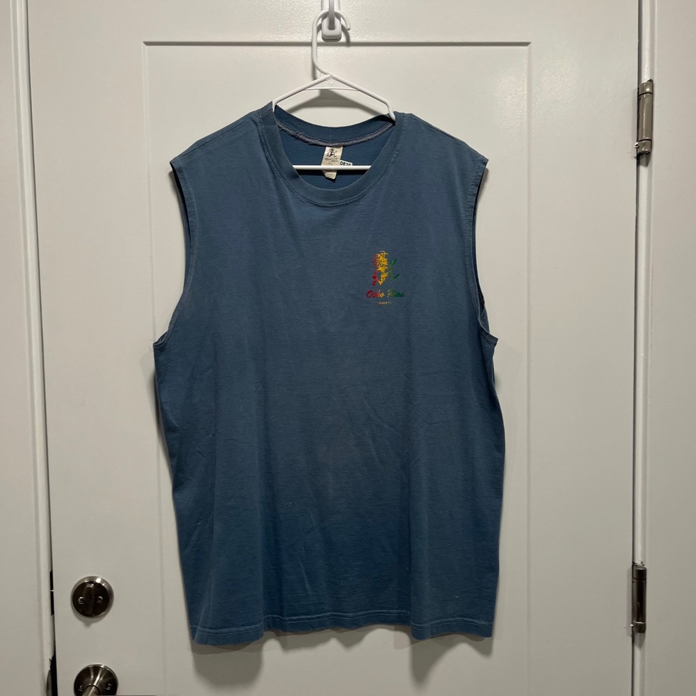 Vintage Running Man Ocho Rio Jamaica Rasta Man Muscle T Blue XL Sleeveless Shirt